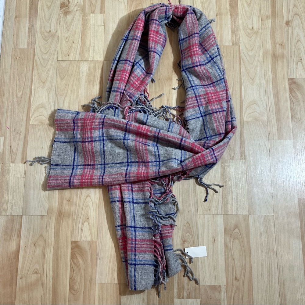 Talbots New With Tags Plaid Fringe Scarf in Red and Blue 100% Wool Womens